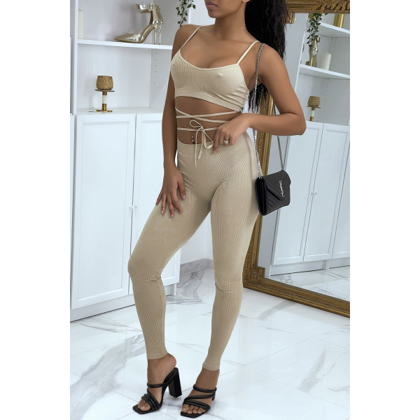 Ensemble moulant beige avec crop top à lacets - 1