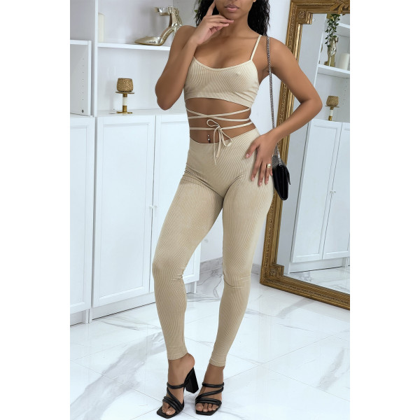 Ensemble moulant beige avec crop top à lacets - 3