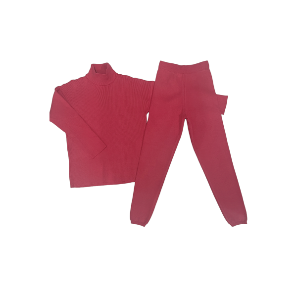 Ensemble pull col roulé over size et jegging en maille côtelé extensible fuchsia - 1