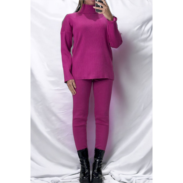 Ensemble pull col roulé over size et jegging en maille côtelé extensible fuchsia - 3