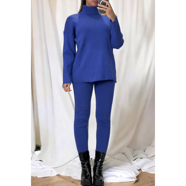 Ensemble pull col roulé over size et jegging en maille côtelé extensible royal - 2