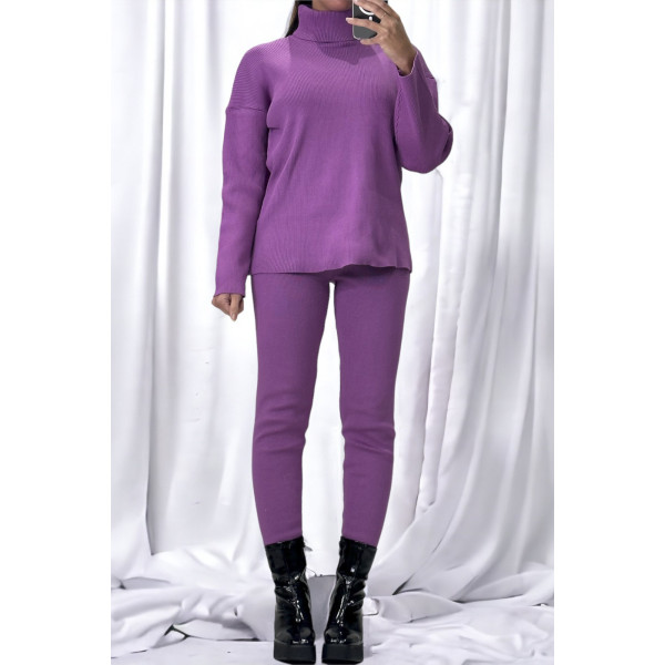 Ensemble pull col roulé over size et jegging en maille côtelé extensible violet - 2