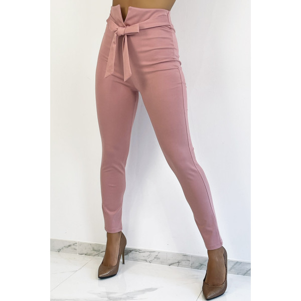 Pantalon slim rose taille haute avec ceinture et forme V - 3