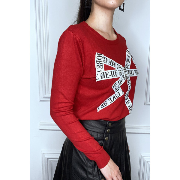 Pull rouge à empiècement et strass - 2