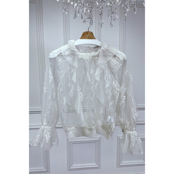 Blouse blanche en tulle et dentelle à volant col fraise - 10