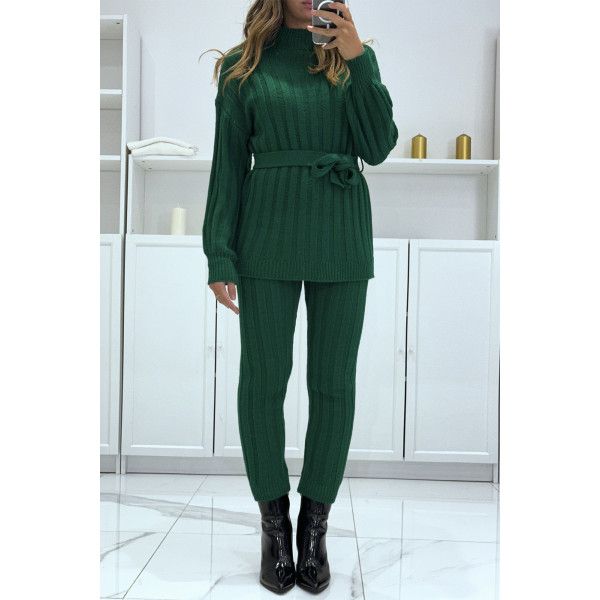 Ensemble pull col haut et pantalon vert en tricot, très chaud pour l'hiver - 2