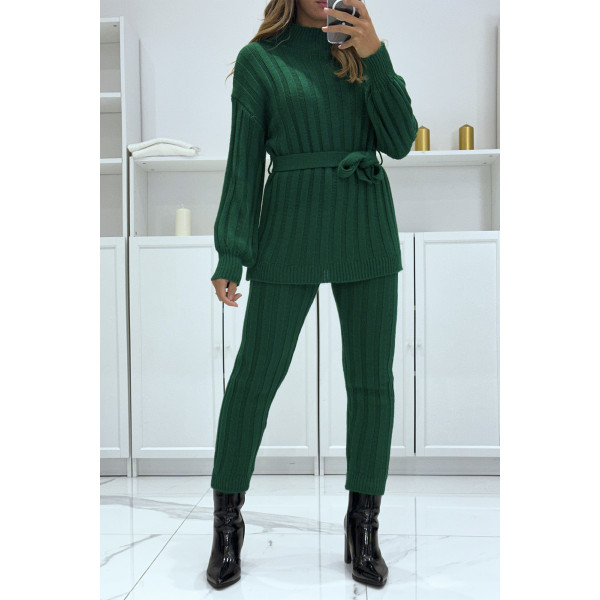 Ensemble pull col haut et pantalon vert en tricot, très chaud pour l'hiver - 4