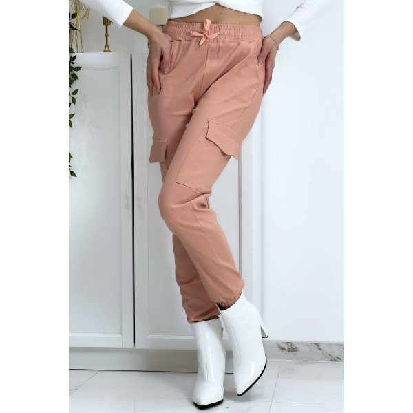 Pantalon treillis rose en strech avec poches - 4