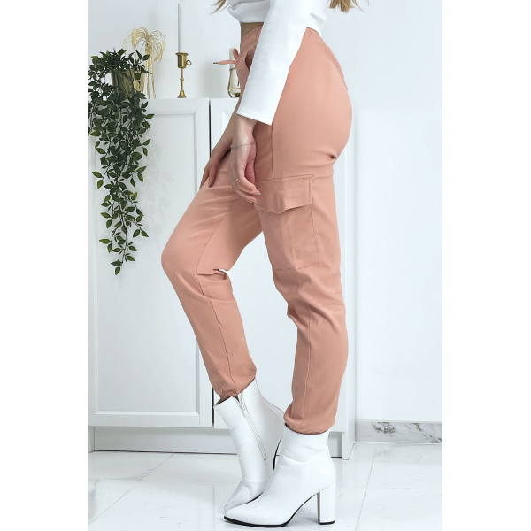 Pantalon treillis rose en strech avec poches - 7