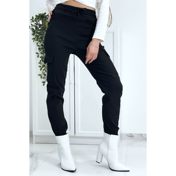 Pantalon treillis noir en strech avec poches - 7