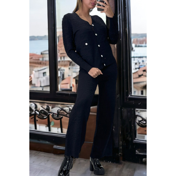 Ensemble noir gilet et pantalon palazzo en jaquard très extensible - 2