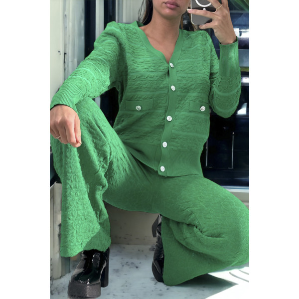 Ensemble vert gilet et pantalon palazzo en jaquard très extensible - 3