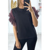 T-shirt noir avec manches en tulle lila - 1