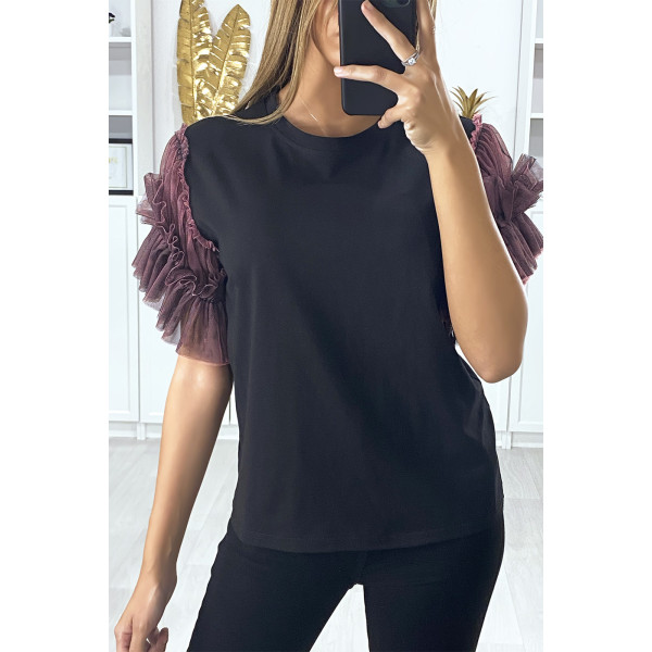 T-shirt noir avec manches en tulle lila - 3