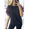 T-shirt noir avec manches en tulle lila - 3