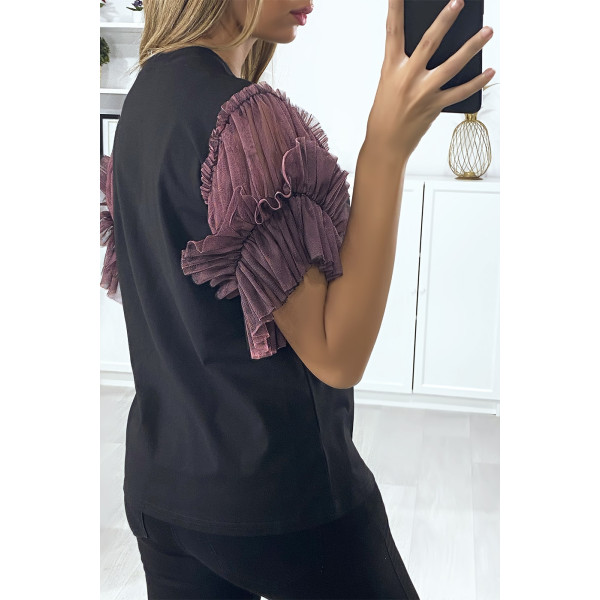 T-shirt noir avec manches en tulle lila - 5