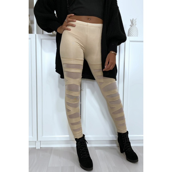 Legging beige avec joli motif coupé et doublé en résille - 1