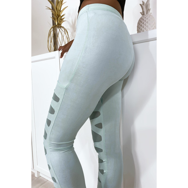 Legging vert d'eau avec joli motif coupé et doublé en résille - 5