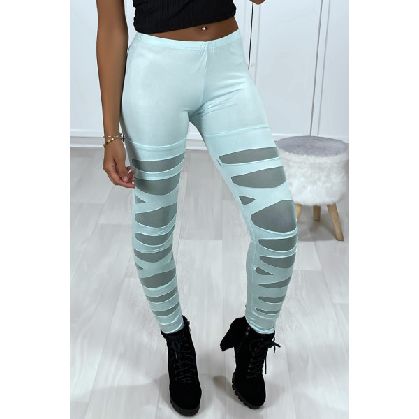 Legging vert d'eau avec joli motif coupé et doublé en résille - 8