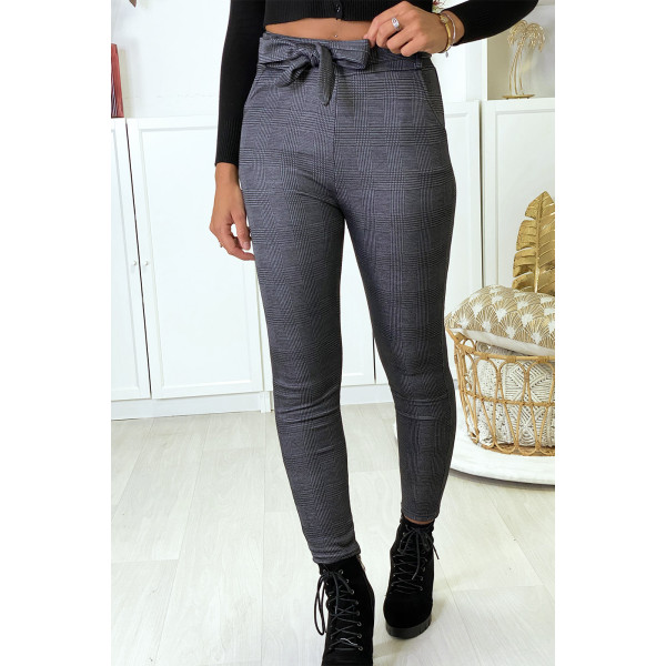 Pantalon slim à carreaux anthracite molletonné à l'intérieur avec poches et ceinture - 2