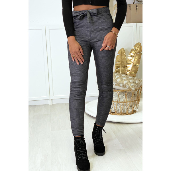 Pantalon slim à carreaux anthracite molletonné à l'intérieur avec poches et ceinture - 5