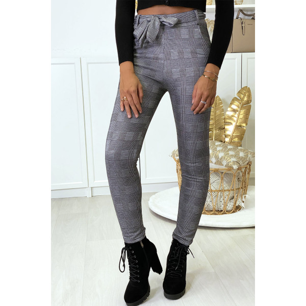 Pantalon slim à carreaux gris molletonné à l'intérieur avec poches et ceinture - 2