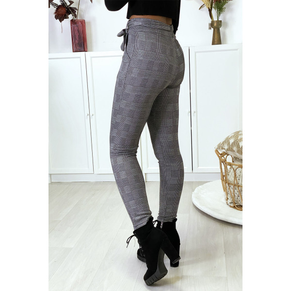 Pantalon slim à carreaux gris molletonné à l'intérieur avec poches et ceinture - 5