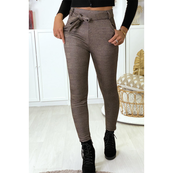 Pantalon slim à carreaux taupe molletonné à l'intérieur avec poches et ceinture - 1