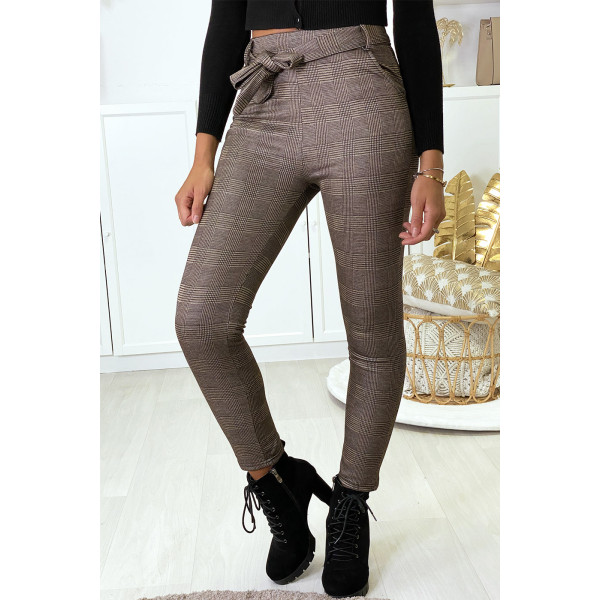 Pantalon slim à carreaux taupe molletonné à l'intérieur avec poches et ceinture - 2