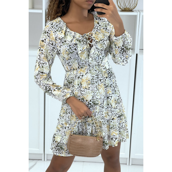 Robe patineuse fluide à fleurs jaune - 1