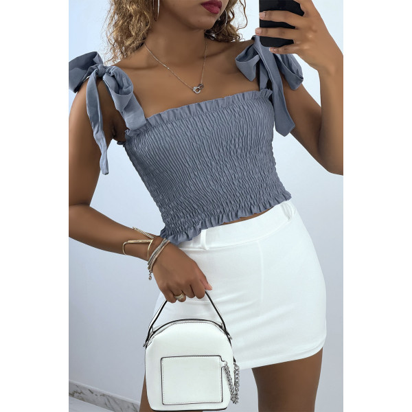 Crop top bustier froncé indigo avec bretelle à nouer  - 1