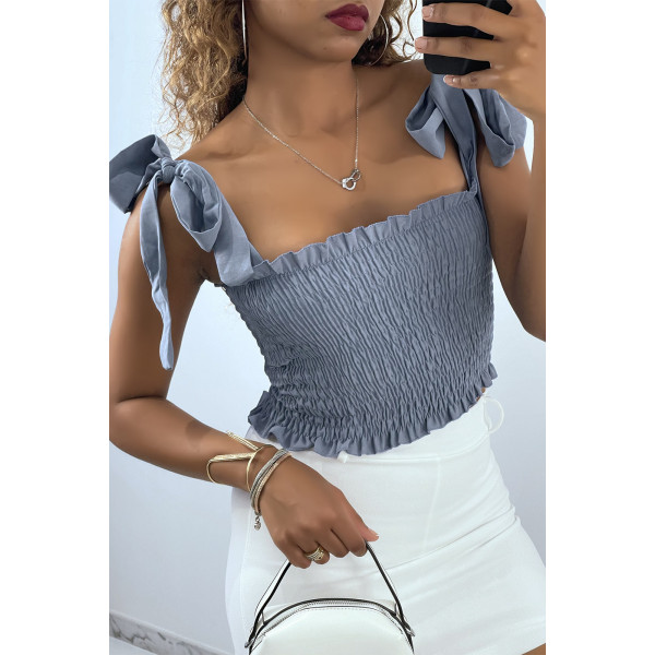 Crop top bustier froncé indigo avec bretelle à nouer  - 2