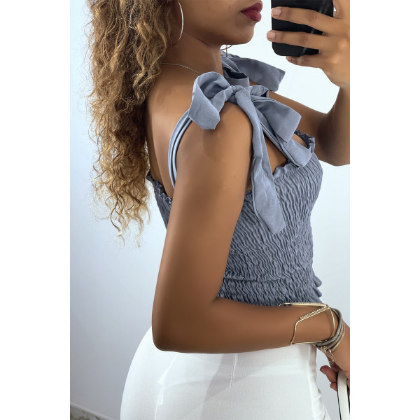 Crop top bustier froncé indigo avec bretelle à nouer  - 3