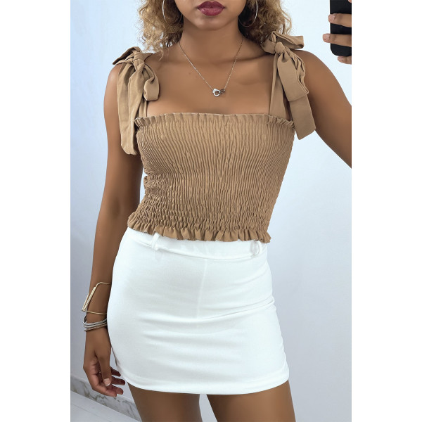 Crop top bustier froncé taupe avec bretelle à nouer  - 1