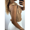 Crop top bustier froncé taupe avec bretelle à nouer  - 3