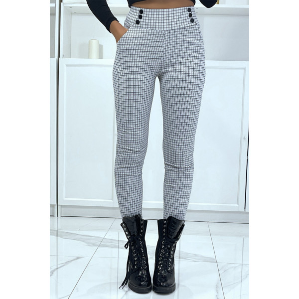 Pantalon slim blanc motif pied-de-poule avec boutons et poches - 1