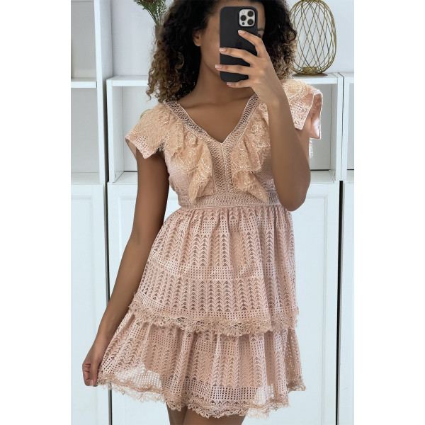 Robe patineuse rose à volants en dentelle - 1