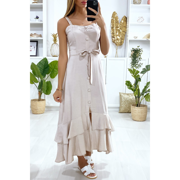 Longue robe beige à bretelle boutonné avec ceinture et volants - 1