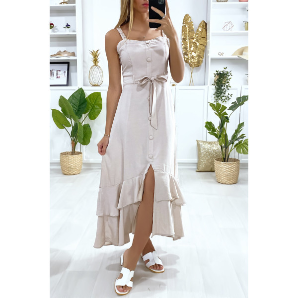 Longue robe beige à bretelle boutonné avec ceinture et volants - 3