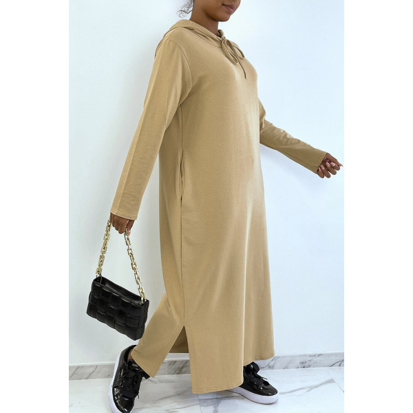 Longue robe sweat abaya camel à capuche - 2