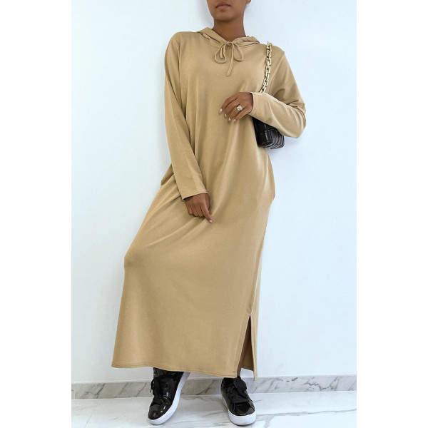 Longue robe sweat abaya camel à capuche - 5