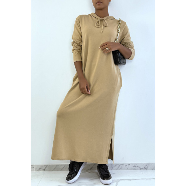 Longue robe sweat abaya camel à capuche - 6