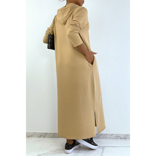 Longue robe sweat abaya camel à capuche - 7