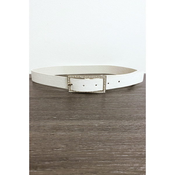 Ceinture blanche en simili avec boucle rectangulaire ornée de strass - 1