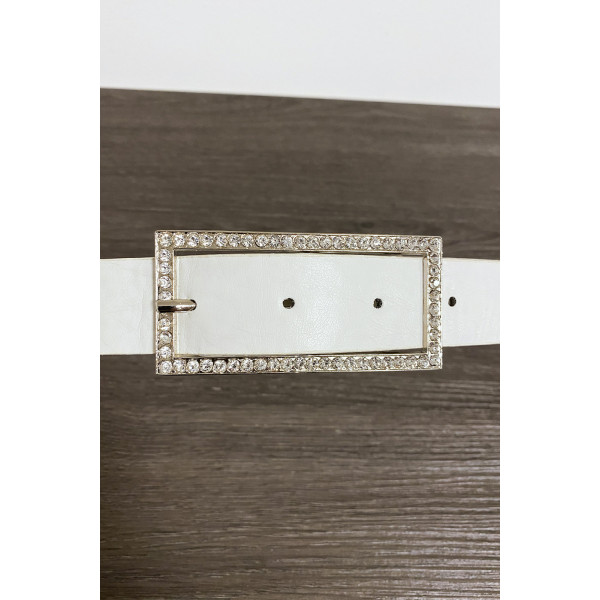 Ceinture blanche en simili avec boucle rectangulaire ornée de strass - 2