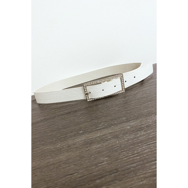 Ceinture blanche en simili avec boucle rectangulaire ornée de strass - 3