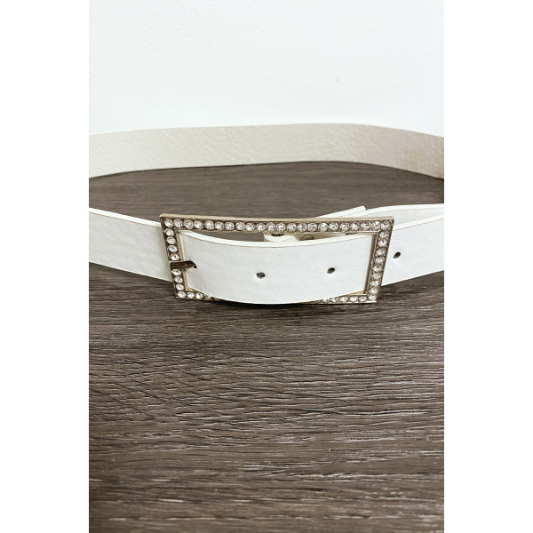 Ceinture blanche en simili avec boucle rectangulaire ornée de strass - 4