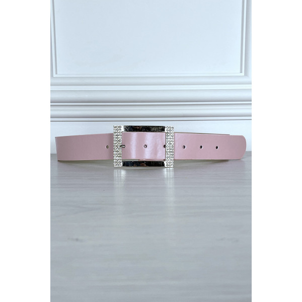 Ceinture simili rose avec boucle rectangle à strass - 1