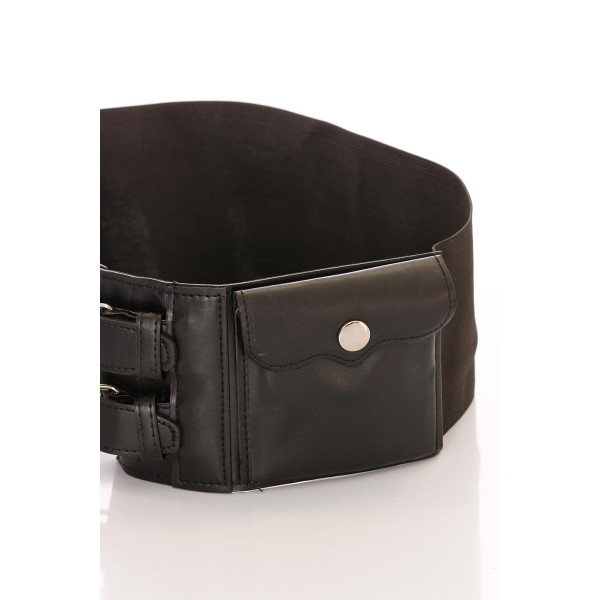 Ceinture noire large, double boucle et pochettes accessoires. D7235 - 3