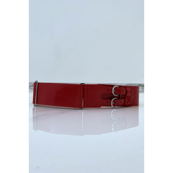 Ceinture rouge en simili à double boucle métallique - 3